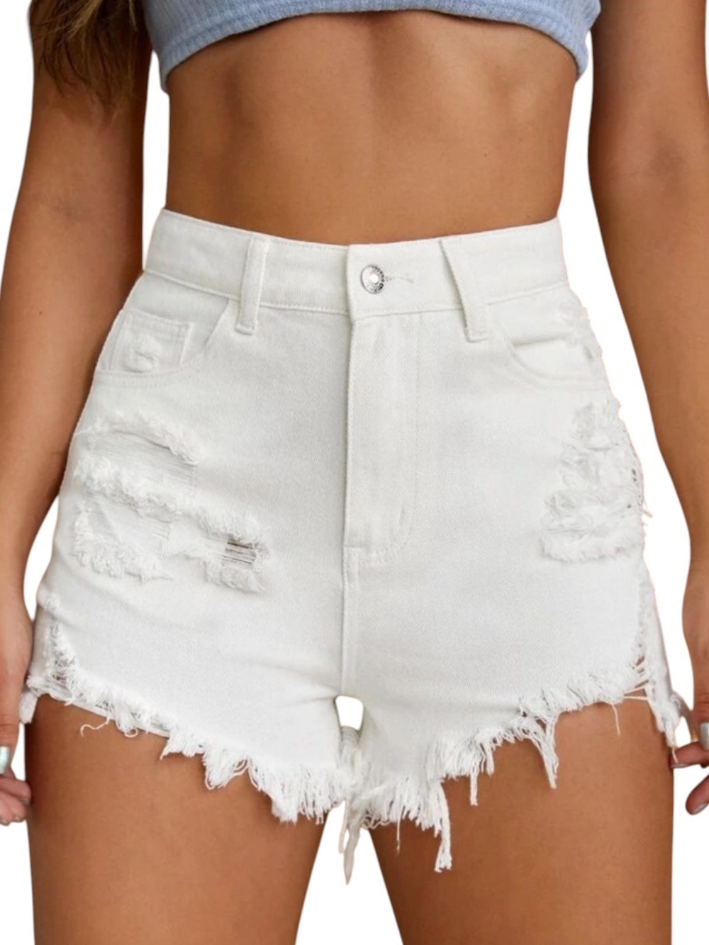 Aphrodite Distressed High Waisted White Denim Shorts